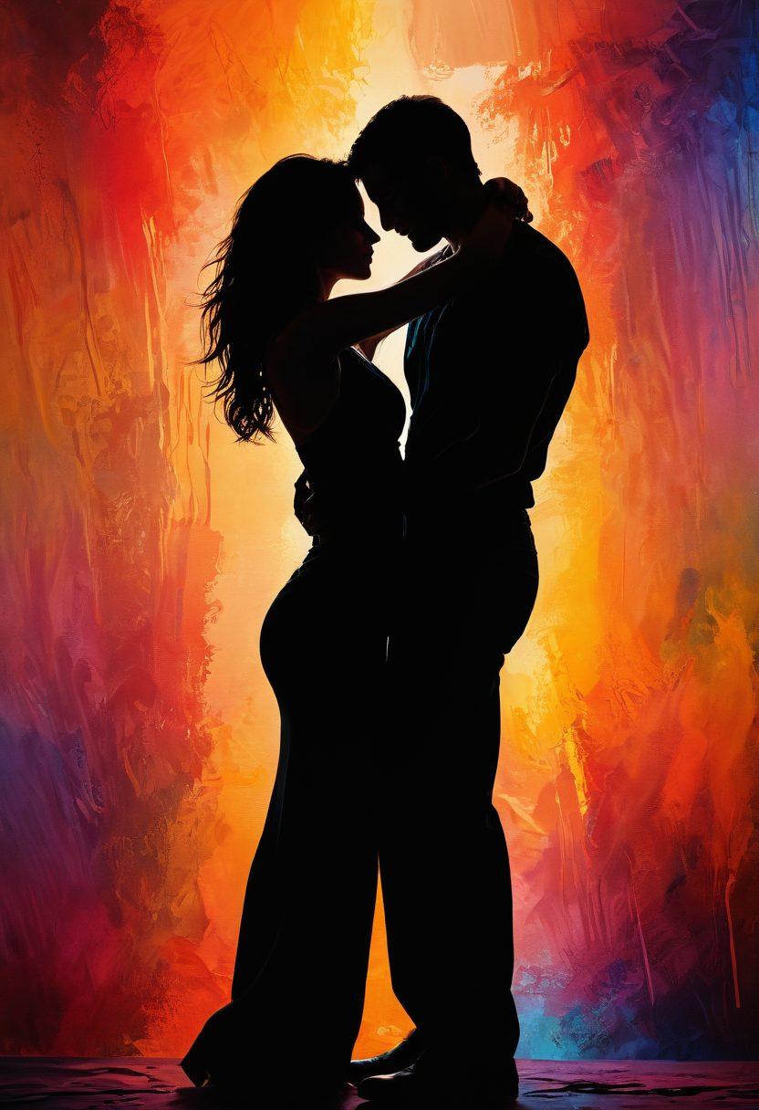 A captivating blend of sensual art elements with lifestyle themes, featuring a silhouette of a couple entwined in a passionate embrace against a textured canvas background. Soft, warm lighting illuminating abstract shapes and vivid colors, symbolizing intimacy and creativity. Incorporate artistic tools like paintbrushes and palettes subtly within the composition. An inviting and sophisticated atmosphere is created, enticing viewers to explore more. super-realistic. vibrant colors. textured background.