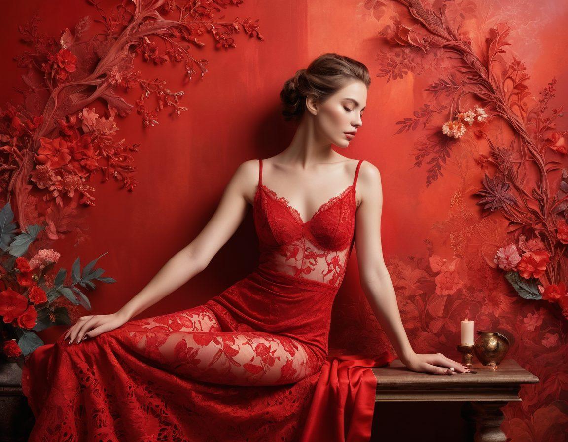 A captivating collage featuring diverse female models in elegant poses, intertwined with artistic representations of sensuality and erotic content. The background should blend soft pastels and bold reds to evoke romance and passion. Include elements like elegant lace patterns and abstract shapes to enhance the visual journey. The lighting should be warm and inviting, creating a mystical atmosphere. vivid colors. artistic illustration. 